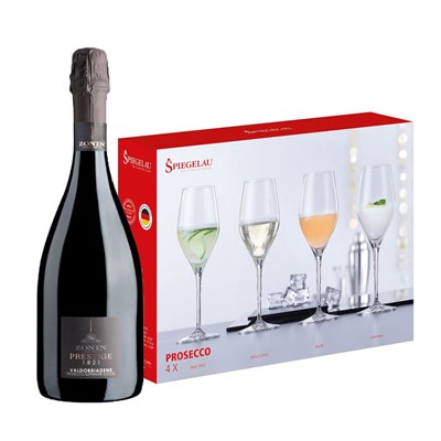 Zonin Cuvee Prestige 1821 Prosecco DOCG Extra Dry With A Set Of 4 Spiegelau Prosecco Glasses